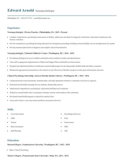 Neuropsychologist Resume