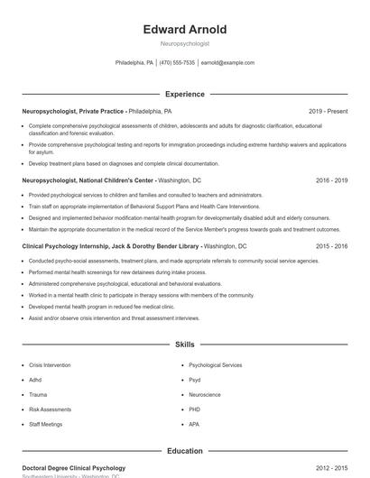 Neuropsychologist Resume