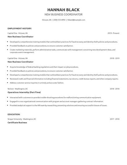 New Business Coordinator Resume