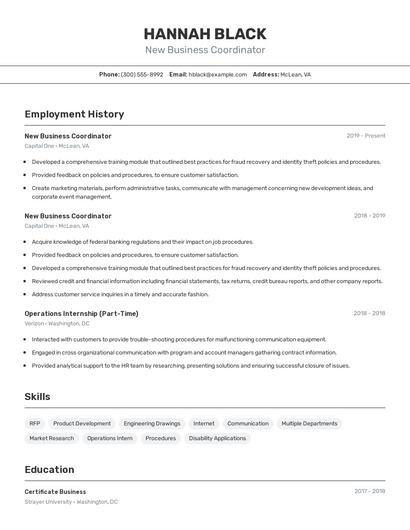 New Business Coordinator Resume