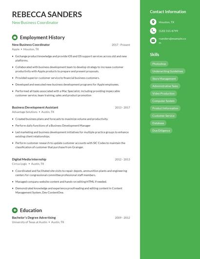New Business Coordinator Resume