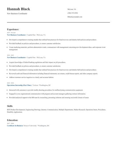 New Business Coordinator Resume