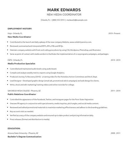 New Media Coordinator Resume