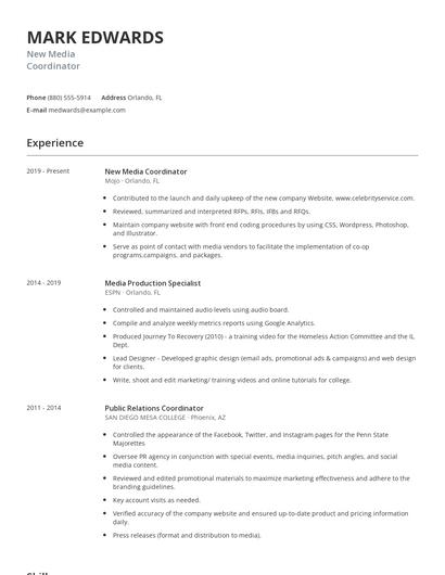 New Media Coordinator Resume
