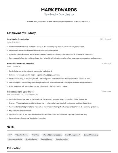 New Media Coordinator Resume