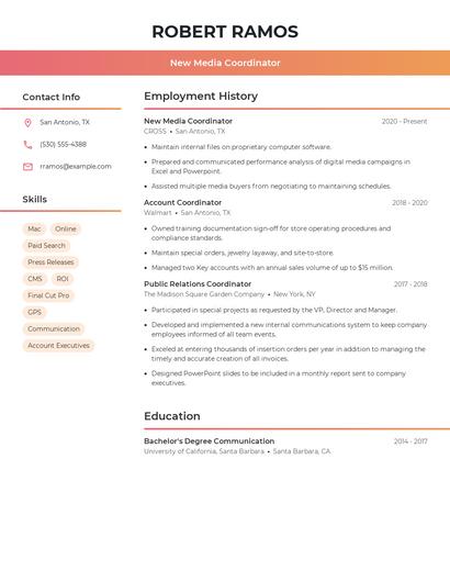 New Media Coordinator Resume