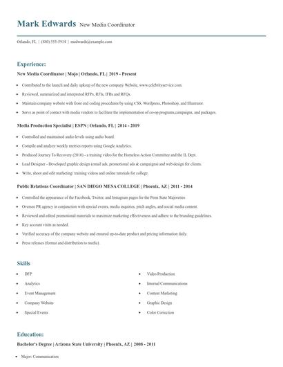 New Media Coordinator Resume