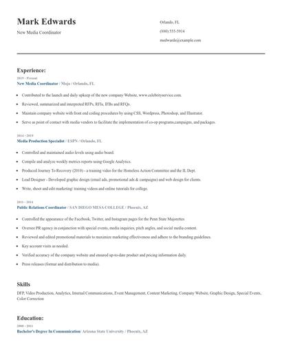 New Media Coordinator Resume