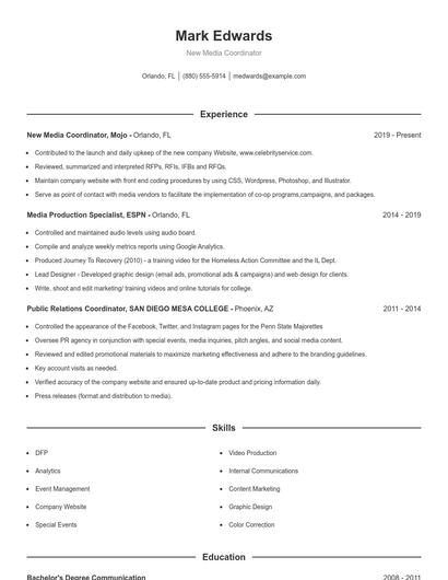 New Media Coordinator Resume