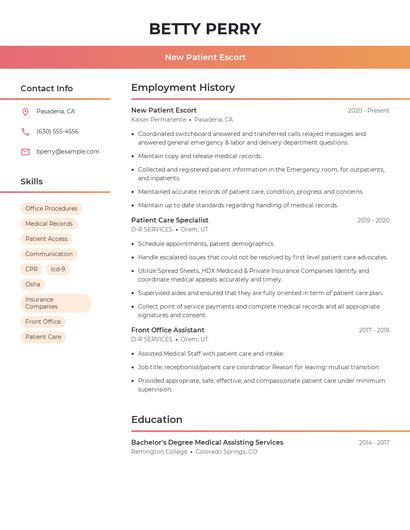 New Patient Escort Resume