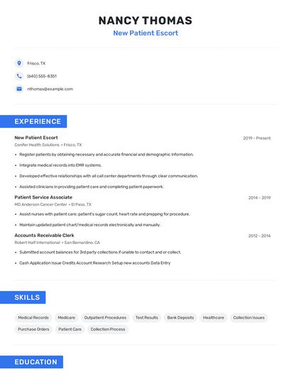 New Patient Escort Resume