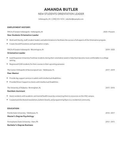 New Students Orientation Leader Resume