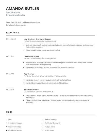 New Students Orientation Leader Resume