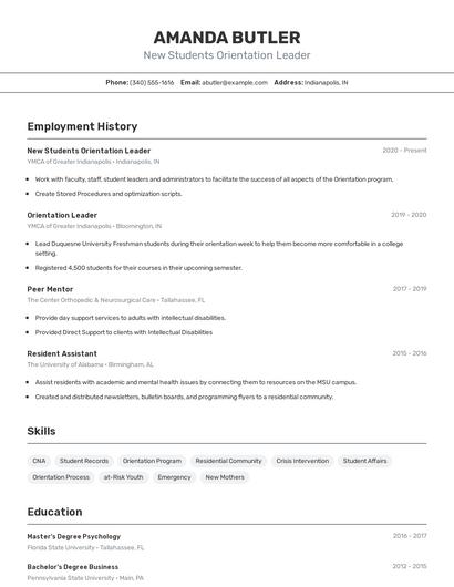 New Students Orientation Leader Resume