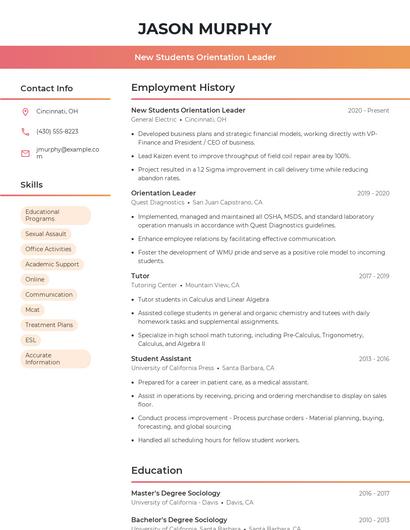 New Students Orientation Leader Resume