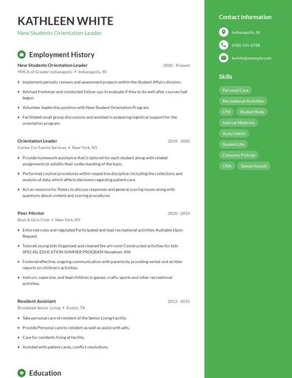 New Students Orientation Leader Resume