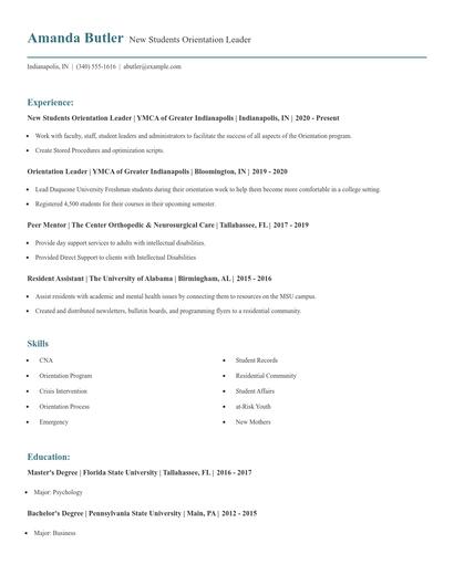 New Students Orientation Leader Resume