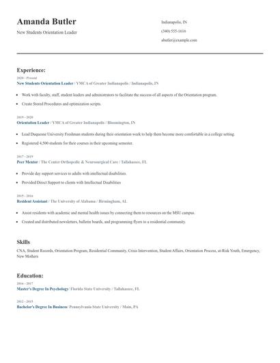 New Students Orientation Leader Resume