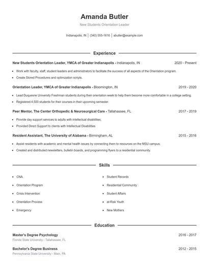 New Students Orientation Leader Resume
