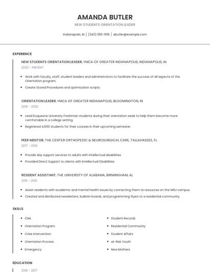 New Students Orientation Leader Resume