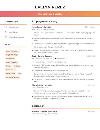 News Camera Operator Resume
