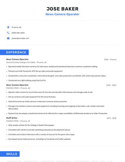 News Camera Operator Resume