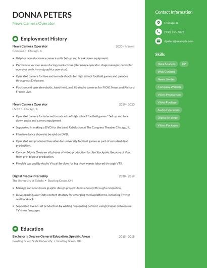 News Camera Operator Resume