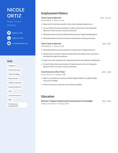 News Camera Operator Resume