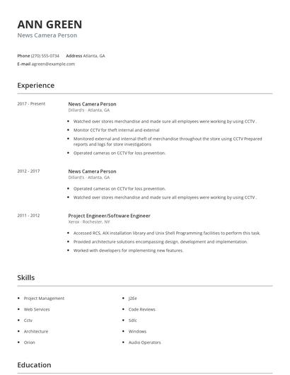 News Camera Person Resume