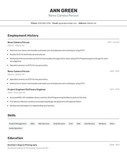 News Camera Person Resume