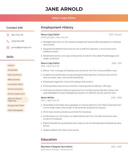 News Copy Editor Resume