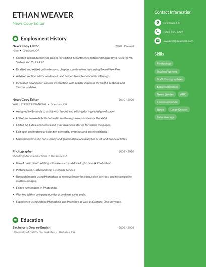 News Copy Editor Resume