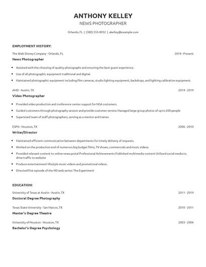 News Photographer Resume