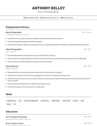 News Photographer Resume