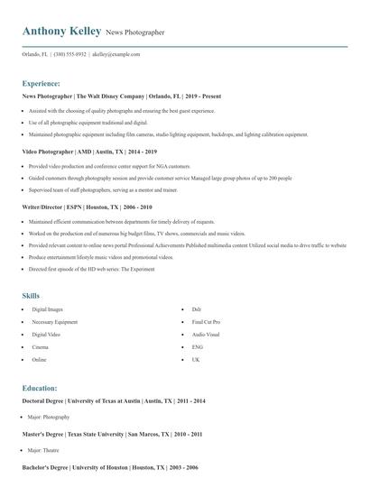 News Photographer Resume