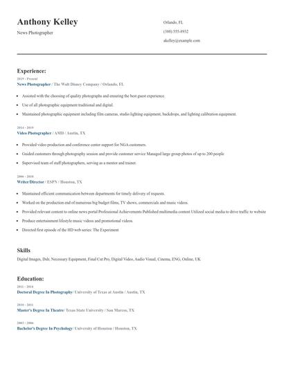 News Photographer Resume