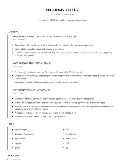 News Photographer Resume