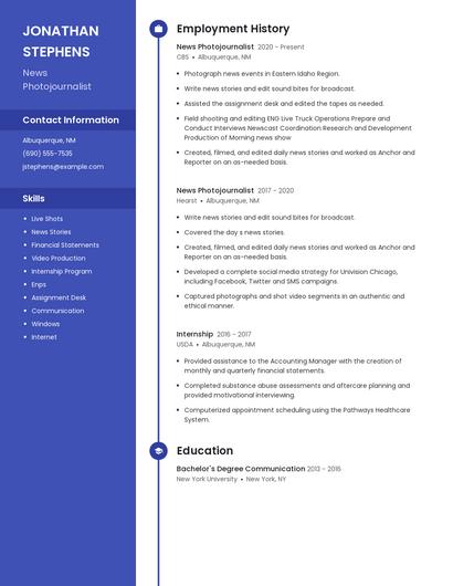 News Photojournalist Resume