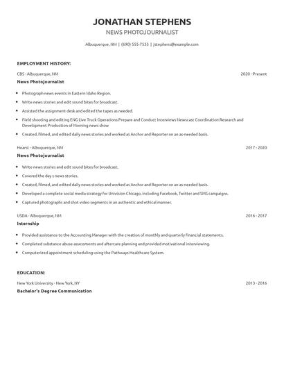 News Photojournalist Resume