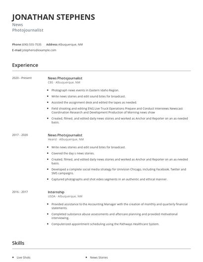 News Photojournalist Resume