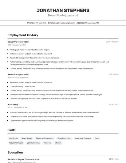 News Photojournalist Resume