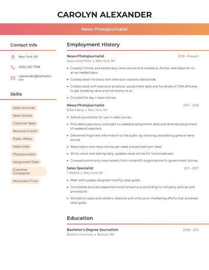 News Photojournalist Resume