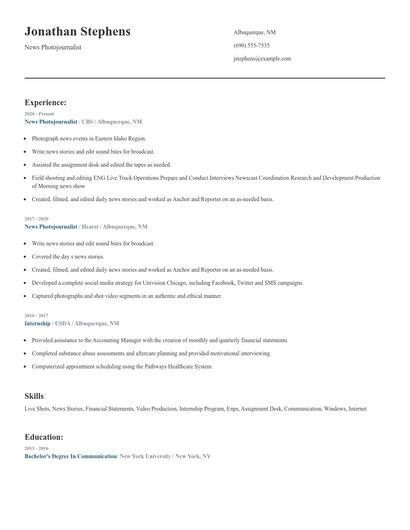 News Photojournalist Resume