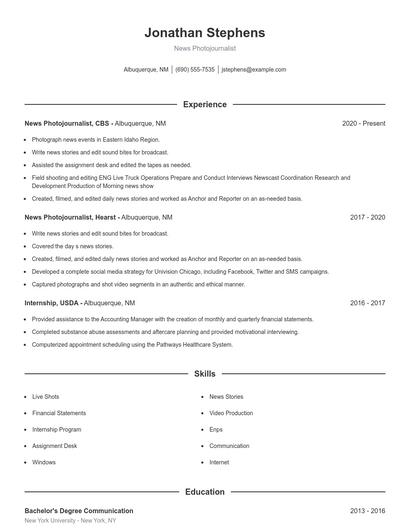 News Photojournalist Resume