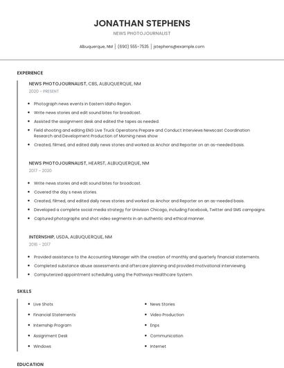 News Photojournalist Resume