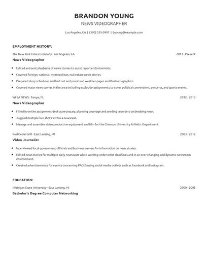 News Videographer Resume