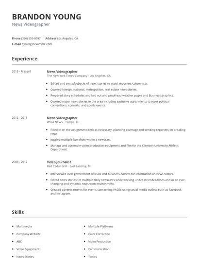 News Videographer Resume