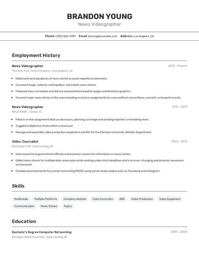 News Videographer Resume