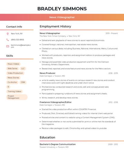News Videographer Resume
