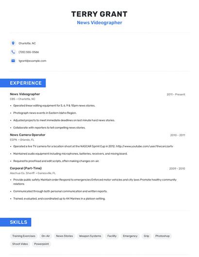 News Videographer Resume